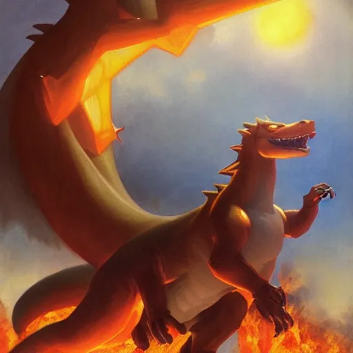 Prompt: Painting of a Charizard as Godzilla. Art by william adolphe bouguereau. During golden hour. Extremely detailed. Beautiful. 4K. Award winning.
