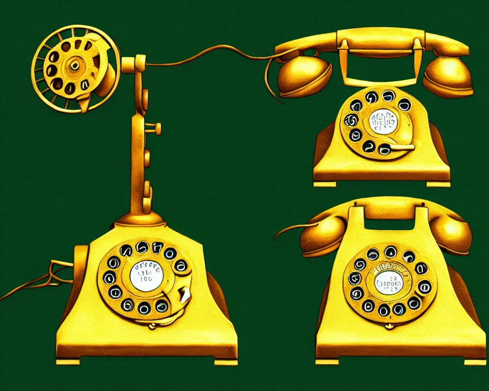 Image similar to an achingly beautiful print a golden rotary phone on a dark green background by Raphael, Hopper, and Rene Magritte. detailed, romantic, enchanting, trending on artstation.