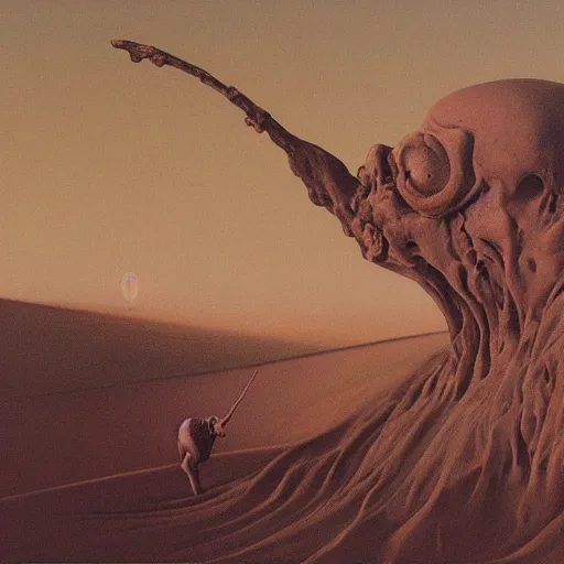 Image similar to desert goblin by Zdzisław Beksiński, oil on canvas