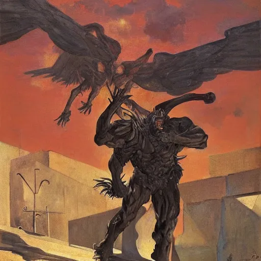 Image similar to Street art. a large, muscular demon-like creature with wings, standing in a dark, hellish landscape. The creature has red eyes and sharp teeth, and is holding a large sword in one hand. by Joaquín Sorolla, by Ken Kelly kaleidoscopic