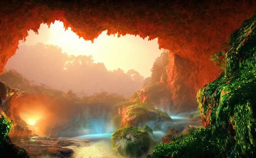 Image similar to a beautiful and stunning digital render of a humongous diamond cave, vines, haze, waterfall, volumetric lighting, photorealistic, red, green, blue sky, sunset, unreal engine 5, ultra detail, trending on artstation