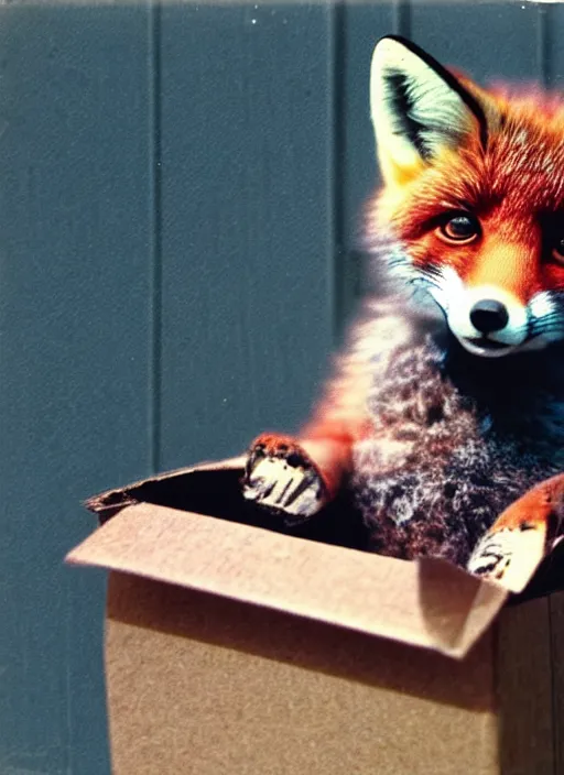 Prompt: faded polaroid photo of curious baby fox inside a cardboard box on a truck trailer