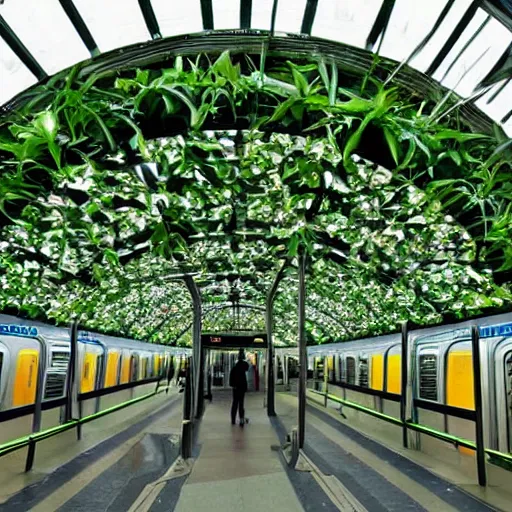 Prompt: subway station, lots of green, plants, ecofuturism