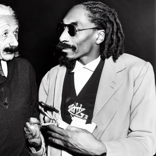 Image similar to Albert Einstein and Snoop Dogg discussing physics and smoking blunts