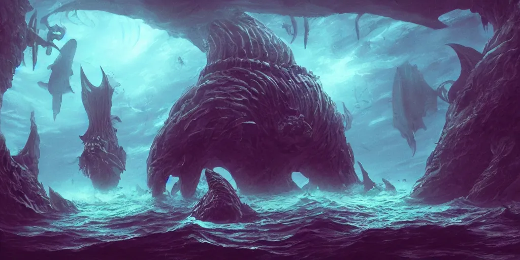 Prompt: Deep under the sea with an enormous evil creature looming in the distance, digital art, trending on artstation,