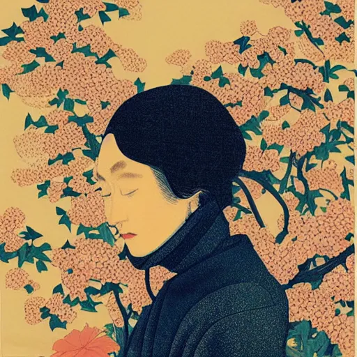 Image similar to “ saoirse ronan portrait by ikenaga yasunari and ayana otake and ko rakusui, 6 0 s poster, drawing, realistic, sharp focus, japanese, dreamy, nostalgia, faded, golden hues, floral clothes ”