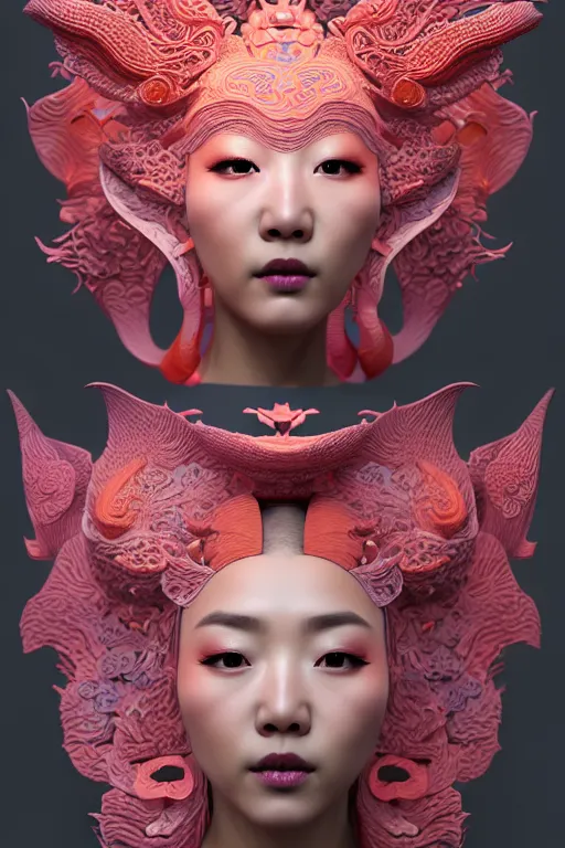 Image similar to 3 d goddess medium shot profile portrait. beautiful intricate highly detailed korean gumiho mask and traditional korean hanbok. stingray, magpie, bio luminescent, plasma, lava, ice, water, wind, creature, volumetric lighting, artwork by tooth wu and wlop and beeple and greg rutkowski, trending on artstation,