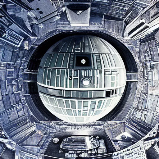 Image similar to earth view of death star, cinematic, hdr, dynamic lighting, pov, detailed lighting, detailed shadows