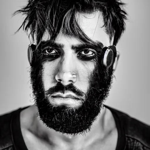 Image similar to bust portrait of handsome proud man with short black hair with grey hair, very short full beard warrior, cyberpunk, fashion editorial photography, neon color scheme, waist up, low angle