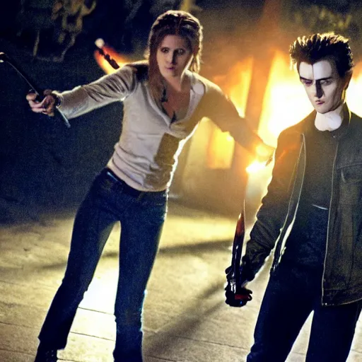 Image similar to buffy the vampire slayer fights twilight's edward cullen to the death, dramatic high - contrast film still, blue and orange rim lighting, iconic,