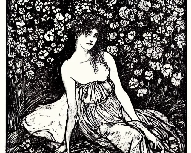 Image similar to ophelia by john everett millais, illustrated in the style of aubrey beardsley, black ink, decadent, floral, intricate line art