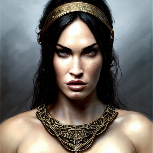 Image similar to portrait of megan fox, muscular upper body, slave collar, blindfold, bikini, fantasy, intricate, elegant, highly detailed, digital painting, artstation, concept art, matte, sharp focus, illustration, art by aenaluck and roberto ferri and greg rutkowski, epic fantasy, digital painting