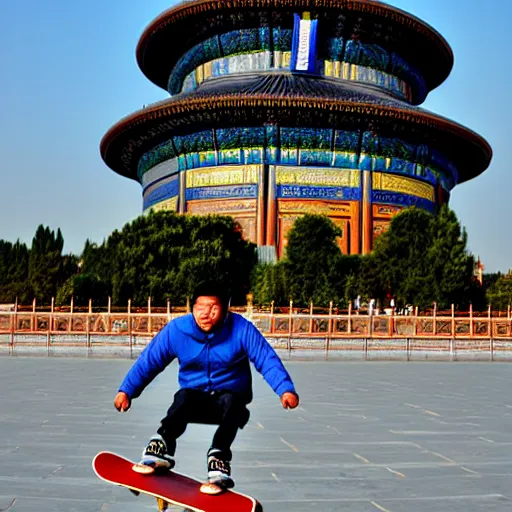 Prompt: a man on a skateboard jumping over the temple of heaven - n 9