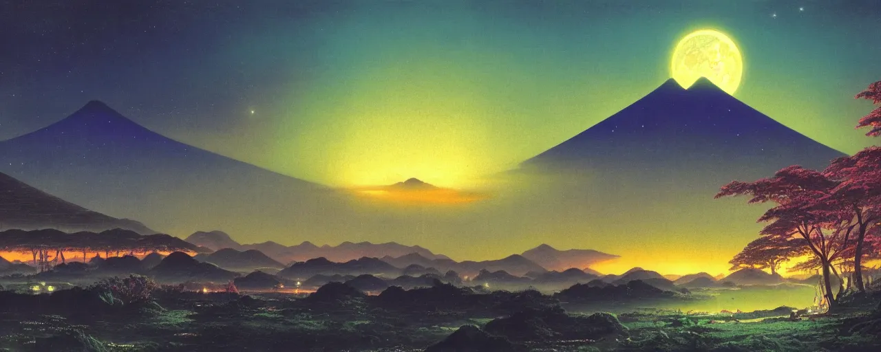 Image similar to awe inspiring bruce pennington landscape, digital art painting of 1 9 8 0 s, japan at night, 4 k, matte