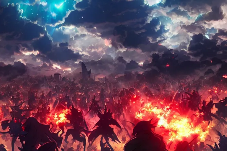 Image similar to cell shaded anime key visual of a fantasy battlefield, lots of explosions, crowds of people, magic spells, in the style of studio ghibli, moebius, makoto shinkai, dramatic lighting