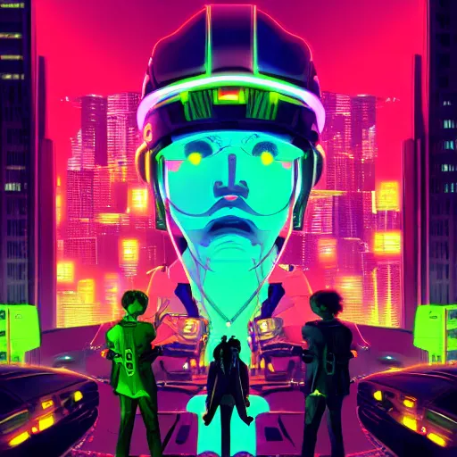 Prompt: post punk neo tokyo with glowing neon lights and robotic humanoids high resolution 8k artstation