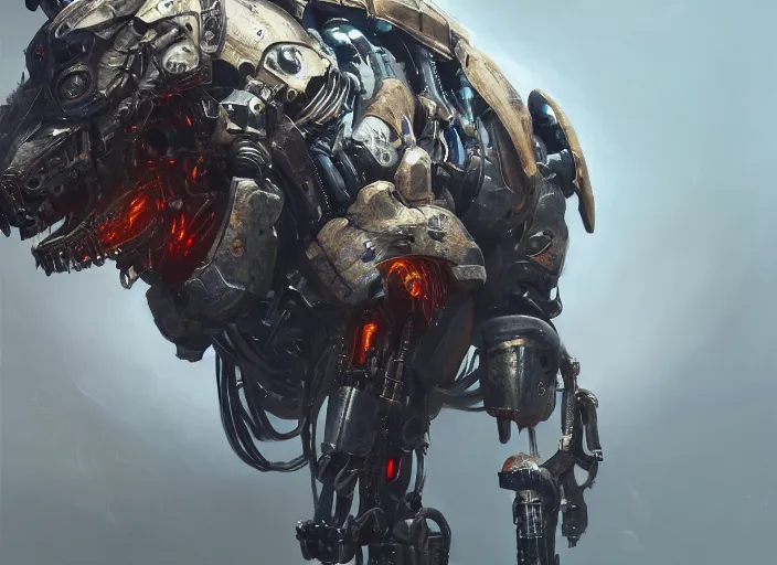 Prompt: detailed full body concept art illustration oil painting of a cybernetic animal with intricate armor, ultra detailed, digital art, octane render, dystopian, zero dawn, 4k