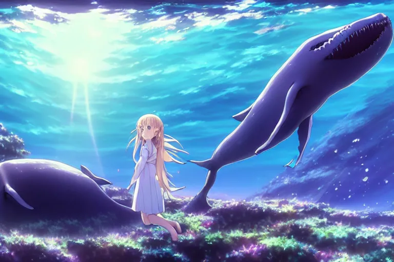 Image similar to a panorama distant view under the water, underwater world, anime art full body portrait character concept art, hyper detailed cg rendering of a cute girl and whale, anime key visual of violet evergarden, finely detailed perfect face, style of raphael lacoste, makoto shinkai, violet evergarden, studio ghibli, james jean, hayao miyazaki, extremely high quality artwork