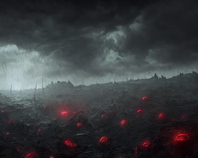 Prompt: the scariest storm surrounded by horror creatures in the scariest sky, epic scene, dark, scary, horror, frightening, fantasy, cinematic, redshift render, cgi, hyper - detailed, photo - bash, 8 k post - production, masterpiece, in the style of greg rutkowski