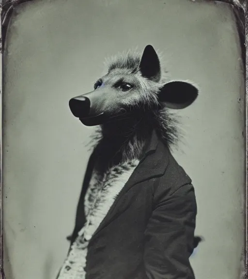 Image similar to professional studio photo portrait of anthro anthropomorphic spotted hyena head animal person fursona wearing clothes by Louis Daguerre daguerreotype