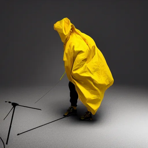 Image similar to photo studio with foggy background. yellow tent on floor. fisherman in balenciaga cloth, plastic bag and black mask. photorealistic high resolution, redshift render, 8 k