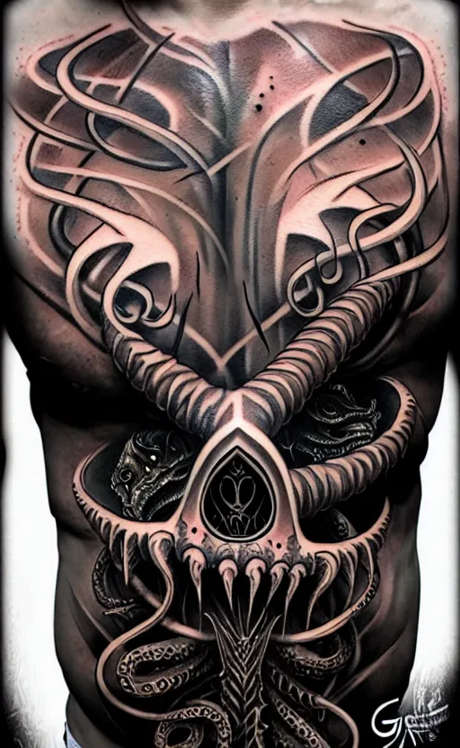 Prompt: chest tattoo cthulhu by greg rutkowski, by giger, by maxim verehin