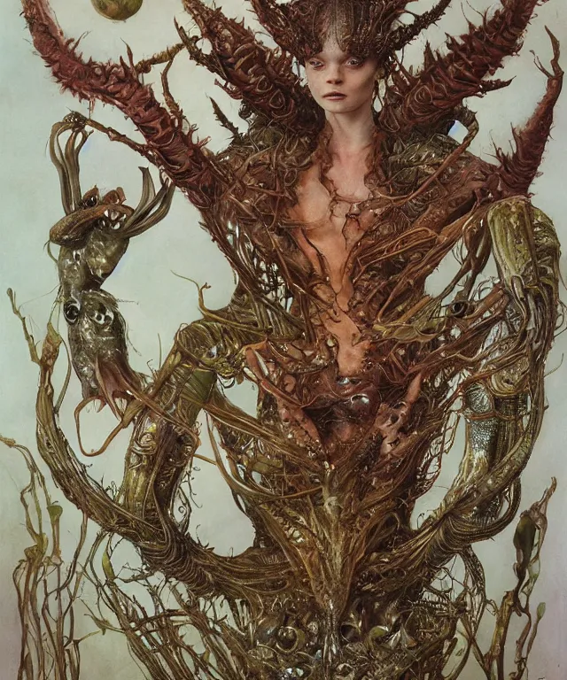 Prompt: a portrait photograph of a fierce sadie sink as an alien harpy queen with slimy amphibian skin. she is trying on evil bulbous slimy organic membrane parasitic fetish fashion and transforming into an insectoid amphibian. by donato giancola, walton ford, ernst haeckel, brian froud, hr giger. 8 k, cgsociety