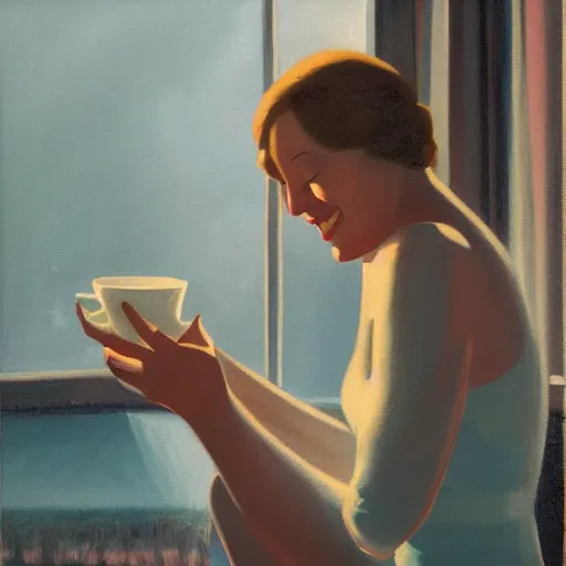 Image similar to oil painting of woman smiling with her eyes closed as she bathes in milk, evening moody lighting from art deco window