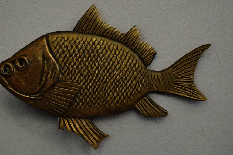 Image similar to slightly cartoony fish made out of a flat piece of bronze textured with a hammer to produce scales