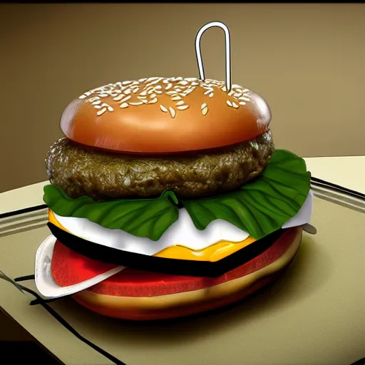 Prompt: a hamburger with spider legs. photorealism.