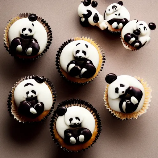 Image similar to beautiful cupcakes in the style of pandas, food photography, centered, bokeh, studio lighting