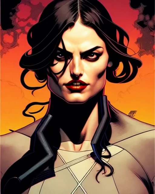 Image similar to rafael albuquerque comic cover art, artgerm, joshua middleton, pretty pirate phoebe tonkin smiling, symmetrical eyes, symmetrical face, long curly black hair, full body, on a pirate ship, warm colors