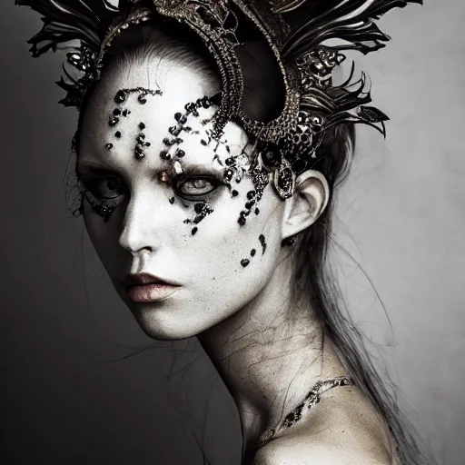 Image similar to a portrait of female model by stefan geselle and nekro borja, photorealistic, intricate details, hyper realistic, dark fantasy, ornate headpiece, dark beauty, photorealistic, canon r 3, photography, wide shot