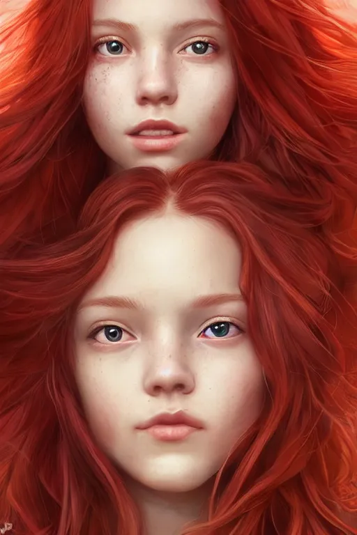 Image similar to ultra realistic style illustration of a beautiful cute red haired joyful teen girl, full body portrait, long hair, sci - fi, fantasy, intricate, elegant, digital painting, artstation, concept art, smooth, sharp focus, 8 k frostbite 3 engine, ultra detailed, art by artgerm and greg rutkowski and magali villeneuve