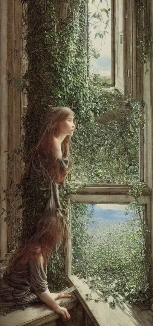 Prompt: an elf staring at the window looking at the trees outside, 8 k, ultra _ realistic, art by alan lee