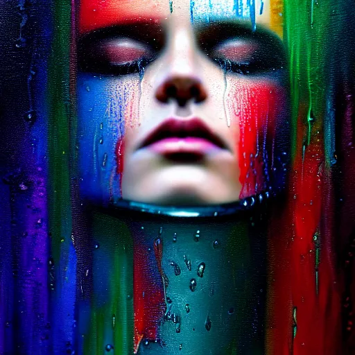 Prompt: dramatic asthetic portrait of revelation in uniquely colored rain with wet hair and face, liquid, epiphany, bliss, fantasy, intricate, elegant, dramatic lighting, highly detailed, lifelike, photorealistic, digital painting, artstation, concept art, smooth, sharp focus, illustration, art by John Collier and Albert Aublet and Krenz Cushart and Artem Demura and Alphonse Mucha