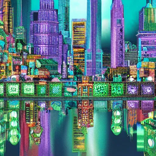 Prompt: a cityscape made of emeralds, sapphires, and rubies, photorealistic digital art