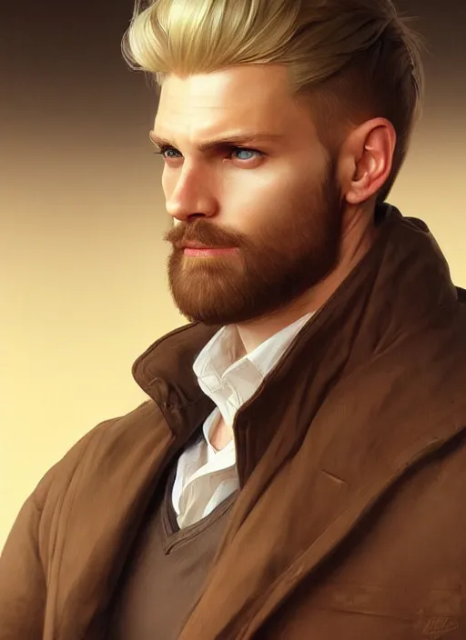 Image similar to man 2 9 years old, 1 8 0 cm height, slim, well fit, blonde, blue eyes, brown beard, cinematic, stunning, highly detailed, digital painting, artstation, smooth, hard focus, illustration, art by artgerm and greg rutkowski and alphonse mucha