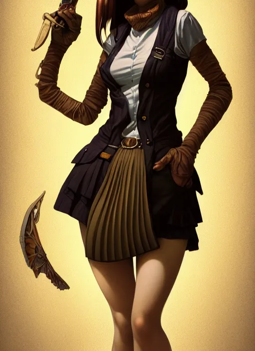 Image similar to portrait of a full body of beautiful young female detective, d & d, sleeveless turtleneck, pleated skirt, fantasy, flat lighting, intricate, highly detailed, digital painting, artstation, concept art, smooth, sharp focus, illustration, misa amane, art by simon bisley and greg rutkowski and alphonse mucha, natural tpose