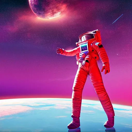 Image similar to A wide angle shot from below of a female astronaut with a feminine body walking with swagger towards camera on mars in an infinite universe , synthwave digital art