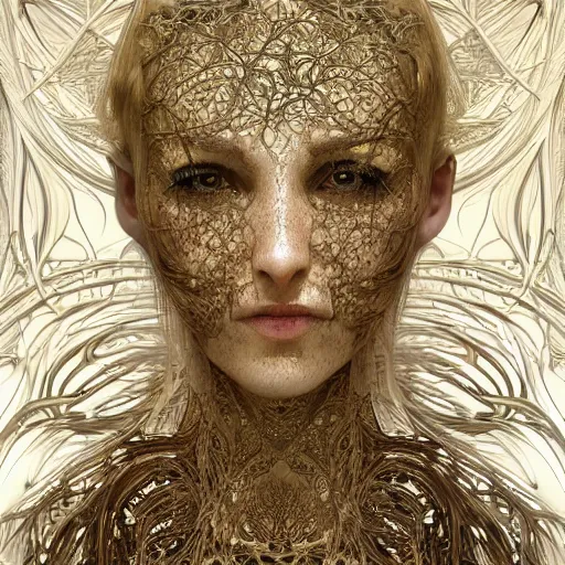 Image similar to human portrait, ethereal, face, crystal, intrincate, cgsociety, devianart, ornate, maximalist, fine art, golden details, carved, tarot card enviroment, rococo, baroco, fractal backgroud, wrapped in vines and wires