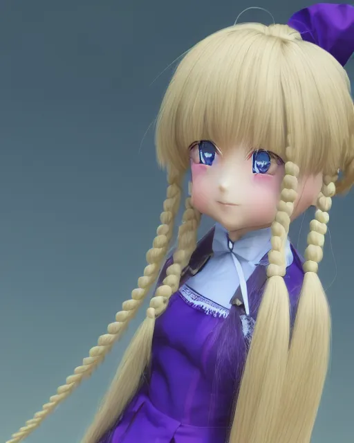 Prompt: 3d render of a blue eyes, blonde long hair, pigtail braids, violet evergarden as an anime doll, blue-white dress, blender, trending on artstation, 8k, highly detailed, bokeh, depth of field