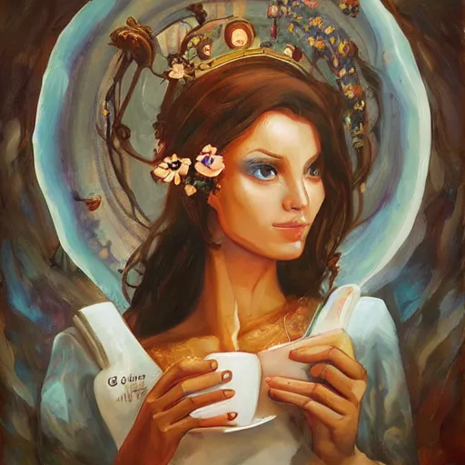 Prompt: goddess of coffee, best on artstation, oil on canvas