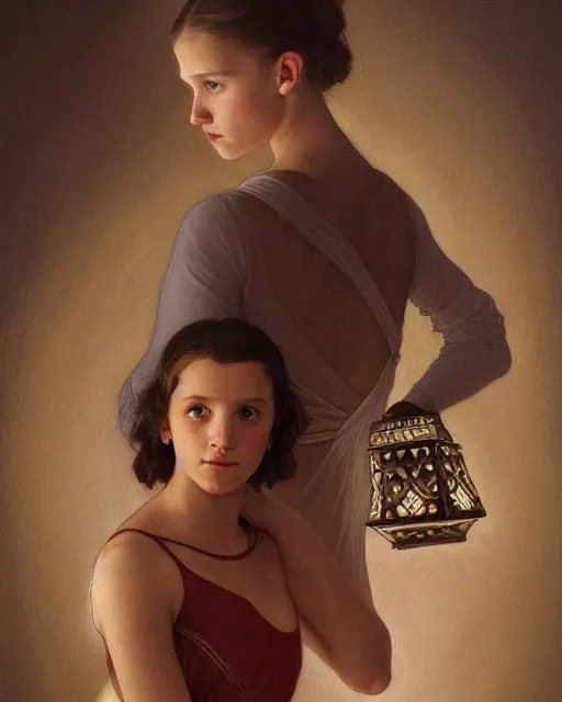 Image similar to a well - lit portrait painting of a shy, blushing 1 6 - year old alicia vikander or millie bobby brown in a leotard with lanterns at night, intricate, elegant, highly detailed, artstation, concept art, by krenz cushart and donato giancola and william adolph bouguereau and alphonse mucha