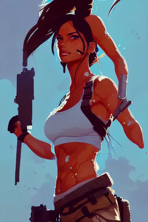 Prompt: a ultradetailed painting of lara croft by conrad roset, greg rutkowski and makoto shinkai trending on artstation