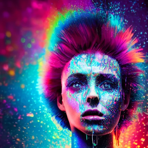 Image similar to splashes of neon galaxies, mowhawk, punk women portrait made out of paint with rain in the background, trending on artstation, epic composition, emotional, beautiful, rendered in octane, highly detailed, realistic, tim burton comic book art, sharp focus, matte painting, unreal engine