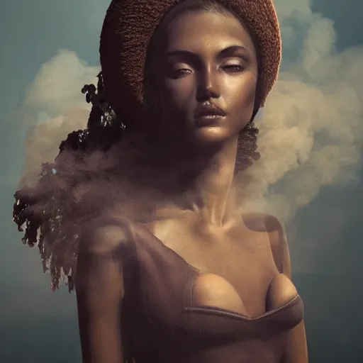 Prompt: a fashion model, creative, brown skin, digital art, photo manipulation, colossal, smoke, artstation, giant, street