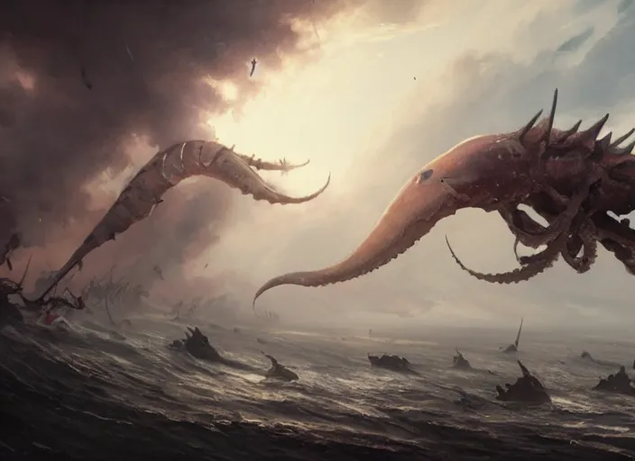 Prompt: close up cinematic artwork of monster squids flying staring on the battlefield by Greg Rutkowski, 4k, masterpiece