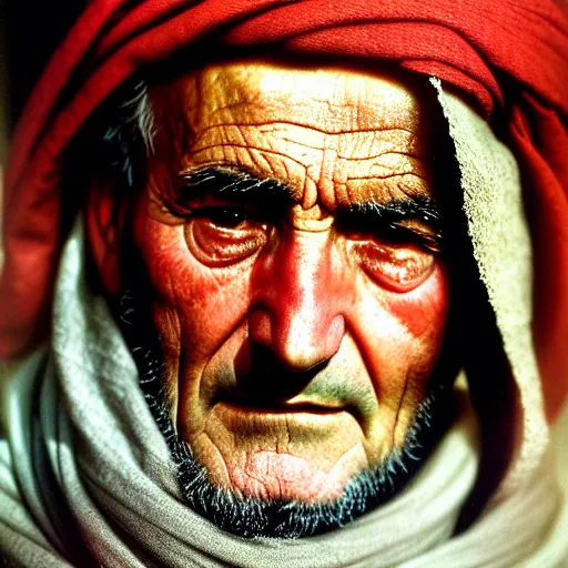 Image similar to portrait of president lyndon b johnson as afghan man, green eyes and red scarf looking intently, photograph by steve mccurry