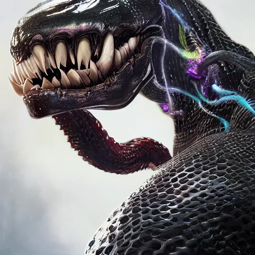 Image similar to portrait of venom, intricate artwork, concept art, octane render, deviantart, cinematic, key art, hyperrealism, iridescent accents, portrait photograph, nikon 3 5 mm, photograph by greg rutkowski